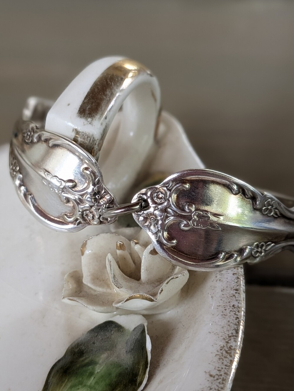 Vintage 6.5" Ornate Spoon Handle Bracelet | Floral Scroll Silver-Tone Jewelry